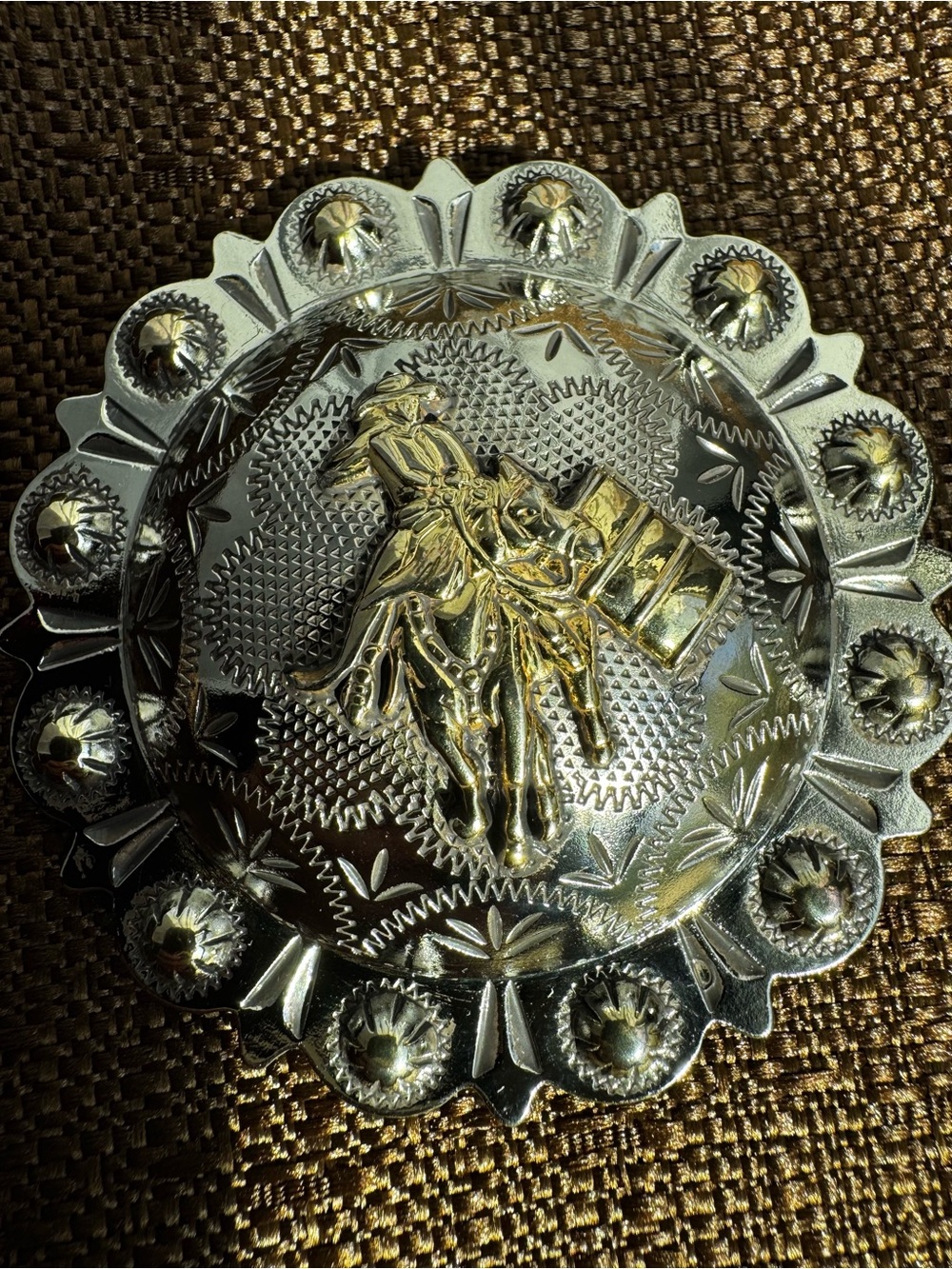 Silver-Tone Western Rodeo Concho with Gold-Tone Cowboy Motif